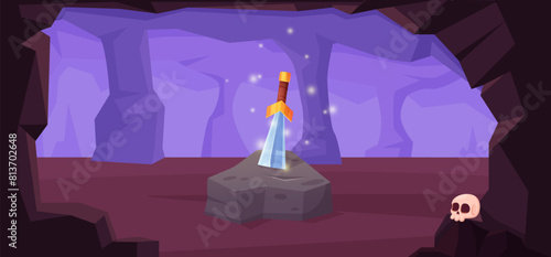 Sword in stone in cave. Medieval fairy tale scene with old knights weapon. Children book cartoon illustration, treasure and skull, vector background