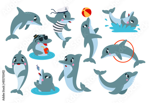 Cartoon dolphins. Funny dolphin performing and doing tricks. Underwater animals in different poses and emotions, classy vector sea characters
