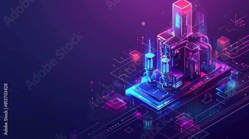 Isometric beacon landing page. Microscope research column chart. Internet of things network using wireless connection. 3D modern line art web banner. photo