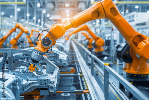 Dynamic environment of an automotive assembly line  robotic arms are in operation. Robots  equipped with precision tools  work on assembling a car chassis  modern manufacturing processes