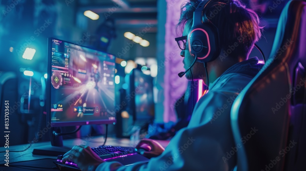 A professional gamer plays and wins a first-person shooter online video game on his personal computer. The footage fades into bokeh. The room is illuminated with neon lights in retro arcade style for A professional gamer plays and wins a first-person shooter online video game on his personal computer. The footage fades into bokeh. The room is illuminated with neon lights in retro arcade style for
