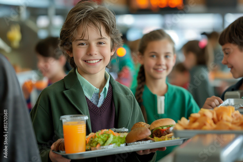 The happy boy holds a tray with healthy food in the school cafeteria