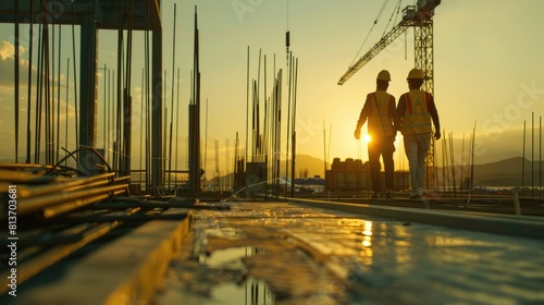 Two construction workers are walking on a building site at sunset. AIG51A. photo