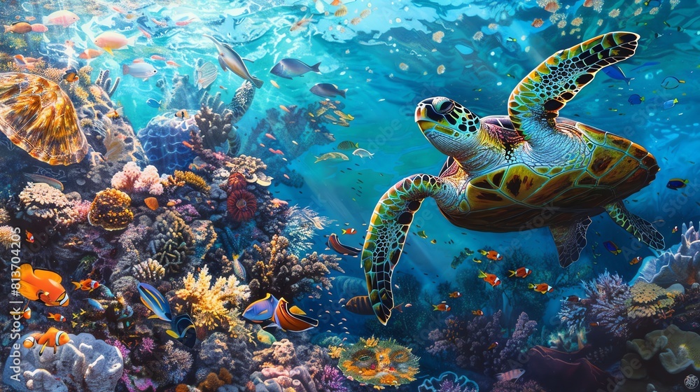 Obraz premium Underwater scene with a sea turtle swimming over a colorful coral reef.