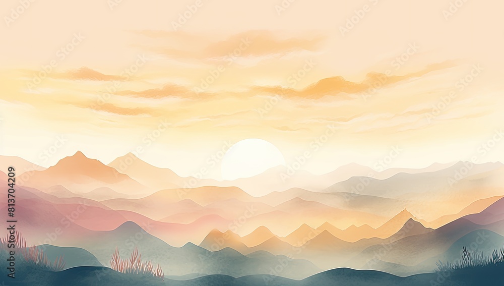 Fototapeta premium Ethereal Escapade: Illustrated Landscape with Dreamy Mountains and Sky Above