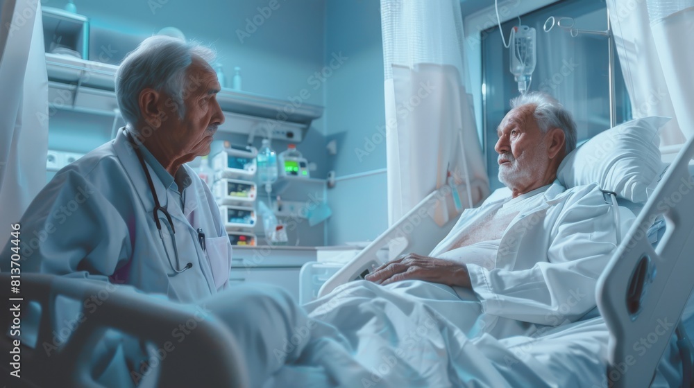 A recovering elderly patient talks to a friendly doctor in the hospital geriatrics unit. A recovering elderly patient talks to a friendly doctor in the hospital geriatrics unit.