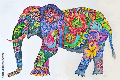 painted elephant in colorful patterns in traditional indian style, ornate animal wallpaper, ornament picture photo