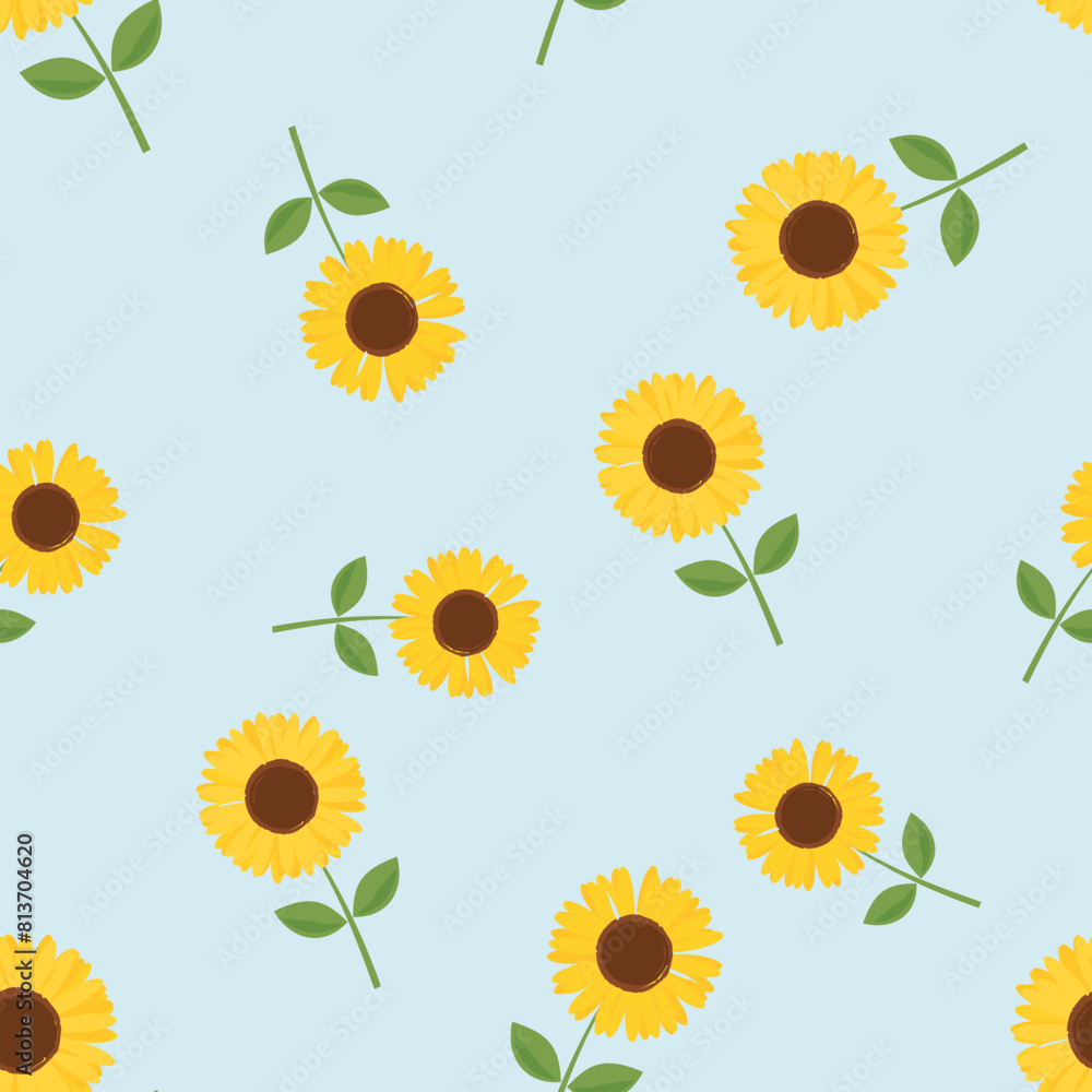 Seamless pattern of sunflower with green leaves on blue background vector. Seamless pattern of sunflower with green leaves on blue background vector.