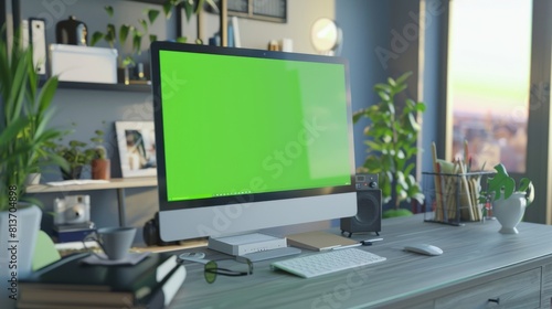 In this cozy home office, a modern computer with a mock-up green screen display stands on the desk. The living room is designed by a talented interior designer with good taste and style.