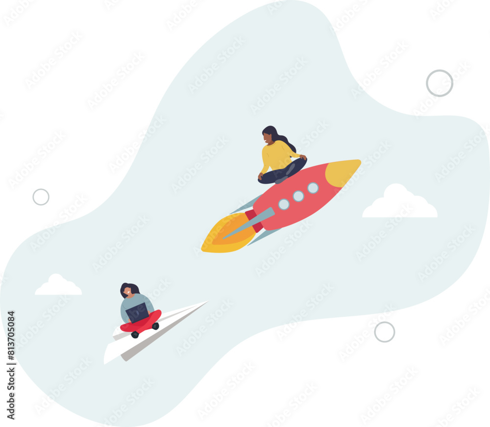 businesswoman riding fast rocket to win against other origami airplane.flat vector illustration.