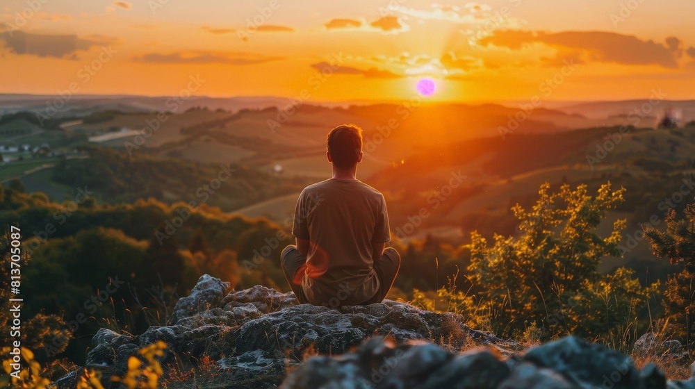 Obraz premium A man is sitting on a rock and looking at the sun