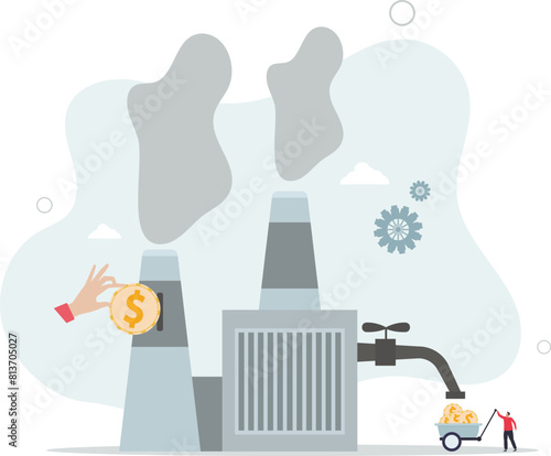 businessman put money into factory to earn more profit from production.flat vector illustration.
