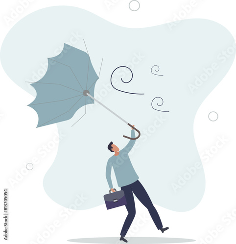 , frustrated businessman holding broken umbrella in strong wind storm.flat vector illustration.