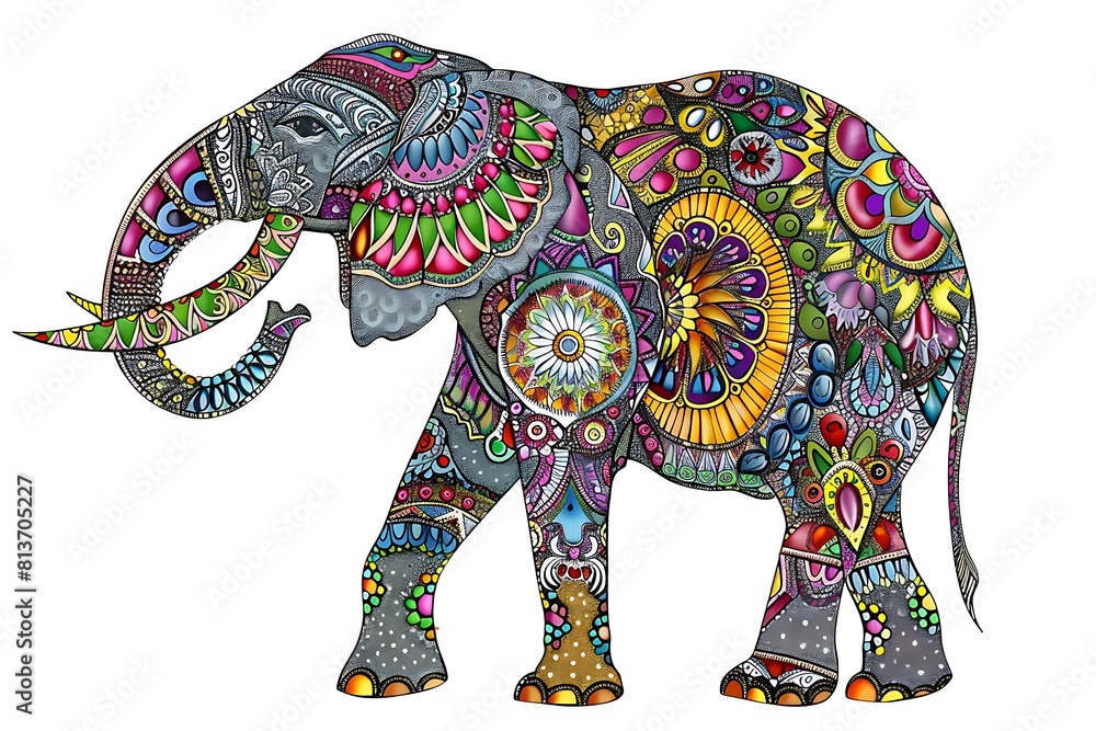 Obraz premium painted elephant in colorful patterns in traditional indian style, ornate animal wallpaper, ornament picture