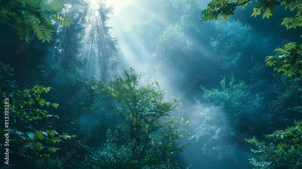 A forest with trees and sunlight shining through the leaves