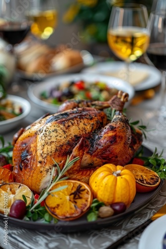 Family gathering turkey on table for thanksgiving, christmas, or new year s dinner celebration