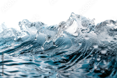 A wave of water with a lot of bubbles. The water is clear and cold  and the bubbles are floating on top of it. Scene is calm and peaceful  as the water