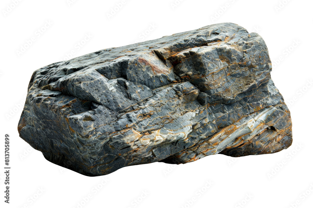 A large rock with a grey and brown color. It is a natural object and has a rough texture