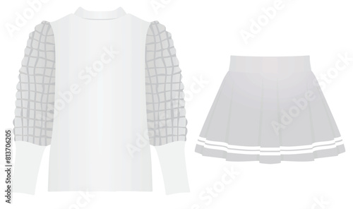 Puff sleeve v neck t shirt and mini skirt. vector