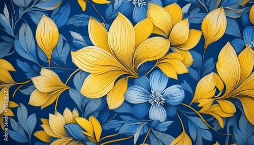 Vivid Bloom  Close-Up Shot Revealing Blue and Yellow Floral Print