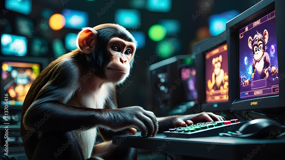 Obraz premium Monkey playing a game on the computer, Generative AI