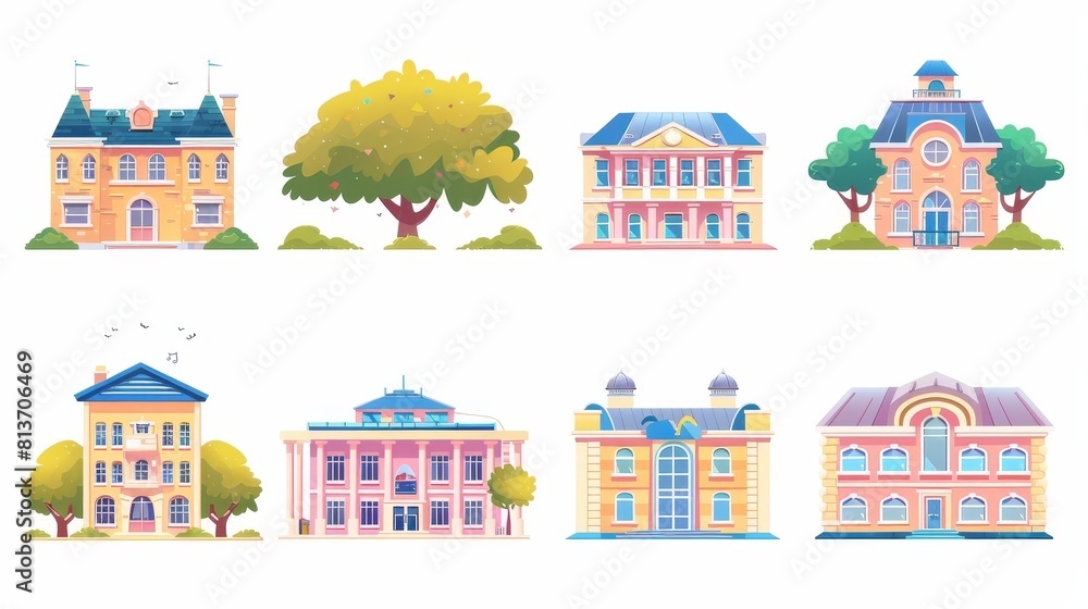 The exteriors of schools, kindergartens, and universities are isolated on white background. Modern cartoon set of education houses, college, primary or elementary school, daycare. The exteriors of schools, kindergartens, and universities are isolated on white background. Modern cartoon set of education houses, college, primary or elementary school, daycare.