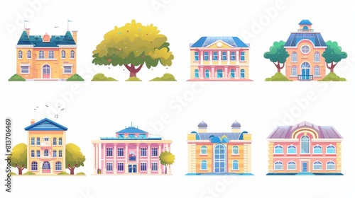 The exteriors of schools, kindergartens, and universities are isolated on white background. Modern cartoon set of education houses, college, primary or elementary school, daycare.