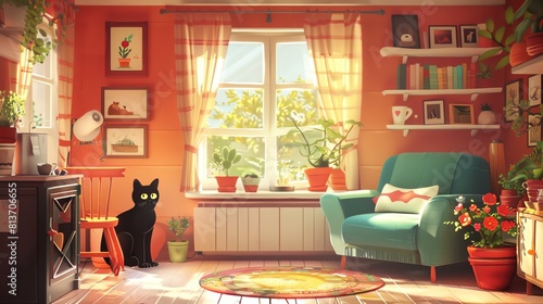 Cat flat design front view  cozy theme  animation  vivid