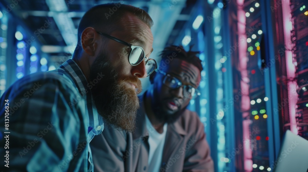 Black Male Engineer Colleague and Bearded IT Technician with a Laptop Computer are chatting in a data center while running diagnostics and doing maintenance. Black Male Engineer Colleague and Bearded IT Technician with a Laptop Computer are chatting in a data center while running diagnostics and doing maintenance.