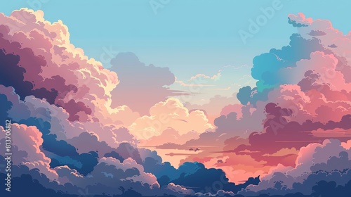 Cloudy sky flat design side view, overcast theme, water color, Complementary Color Scheme