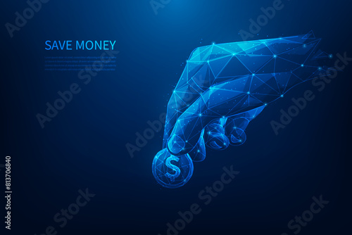 hand hold finance and money low poly wireframe. save money concept. business investment trading. vector illustration fantastic design. on blue dark background.