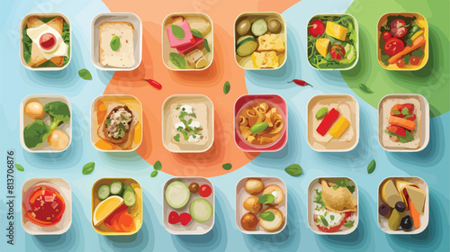 Collage of lunch boxes with fresh food on color background