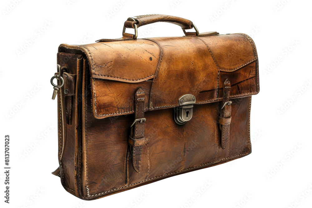 A leather briefcase with a key hanging from it A leather briefcase with a key hanging from it