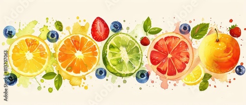 mixed fruit flat design front view health and wellness theme water color Analogous Color Scheme.