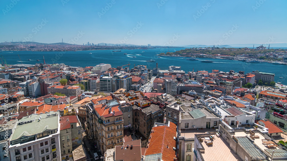 Fototapeta premium The view from Galata Tower to Galata Bridge timelapse Golden Horn, Istanbul, Turkey