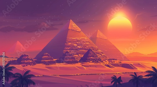 Egyptian pyramids and Nile river in the dusk desert  Giza plateau illuminated with sunset light  ancient touristic african landmark. Cartoon modern.