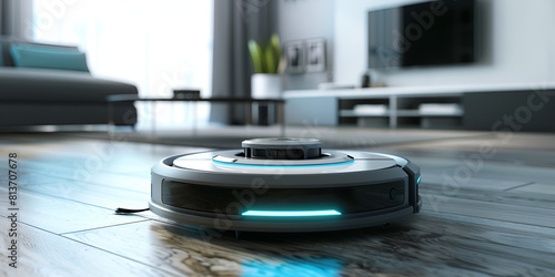 Robotic vacuum cleaner cleaning the floor in the living room Cleaning service concept.