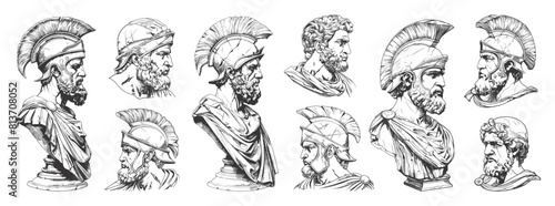 Ancient Greek Heroes Busts Set. Antique Sculptures for Education in Hand-Drawn Style. Detailed Sculptures of Ancient Greece, Mythology, History, Classical Art, Hellenic Culture