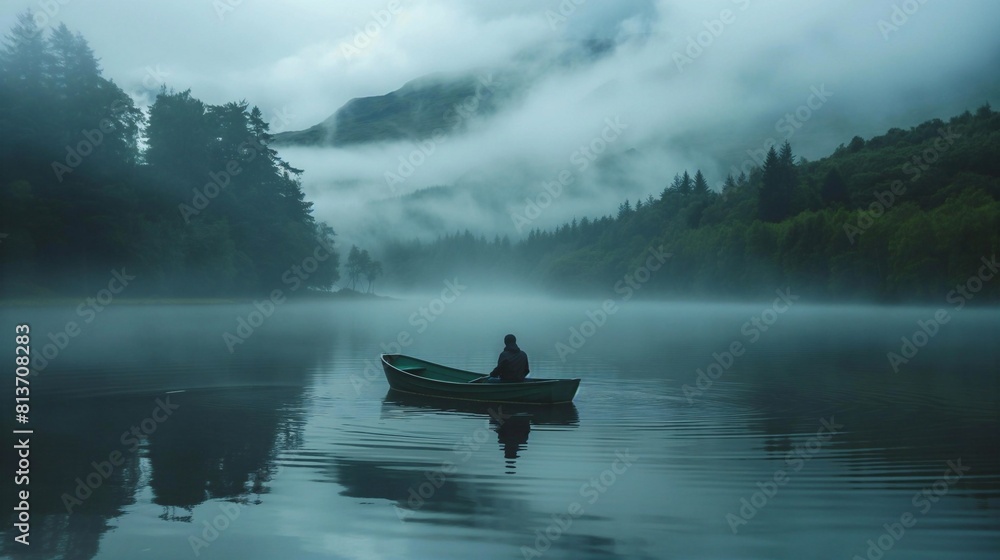 Fototapeta premium Man on a Boat on a Misty Lake with Cinematic and Eclectic Cultural Themes