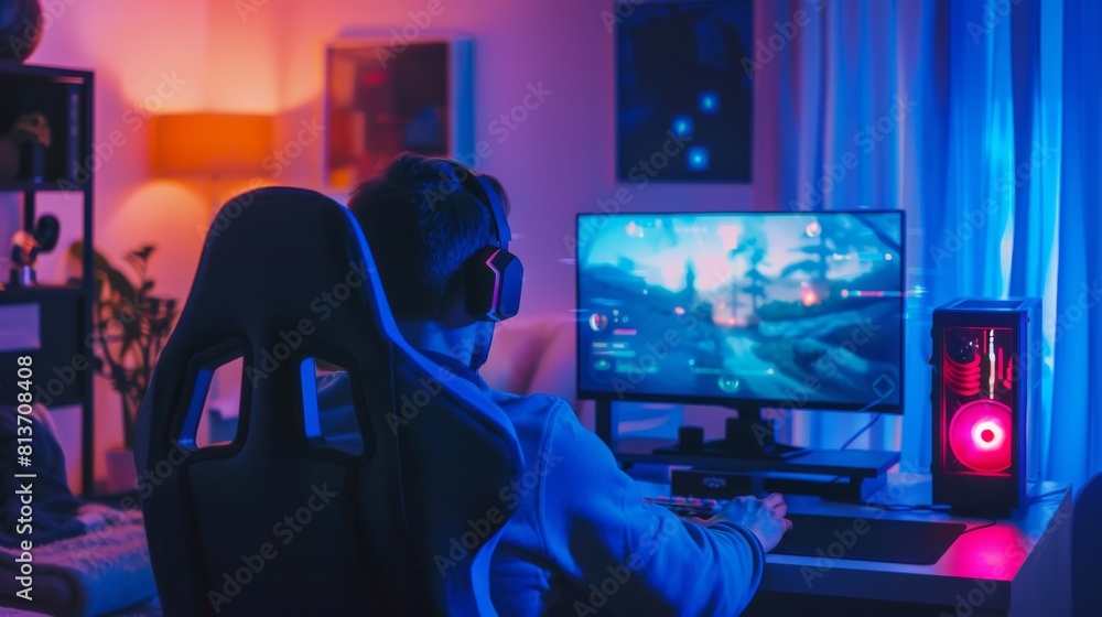 In this back shot, a gamer plays a first-person shooter online game on his powerful personal computer. The PC has neon lights throughout. In this back shot, a gamer plays a first-person shooter online game on his powerful personal computer. The PC has neon lights throughout.