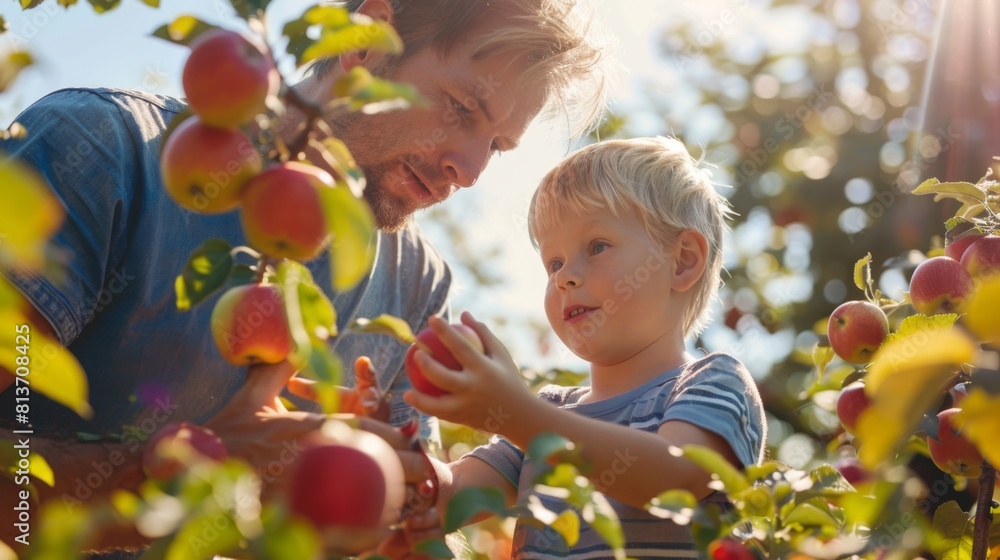 Father and Son Harvesting Apples Father and Son Harvesting Apples