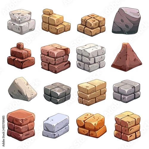 Cartoon Bricks and Piles of Stones for Building. Different Angles of Red and Silicate Bricks, Decorative Stones. Icons Isolated on White Background. Construction Materials, Building Supplies, Masonry