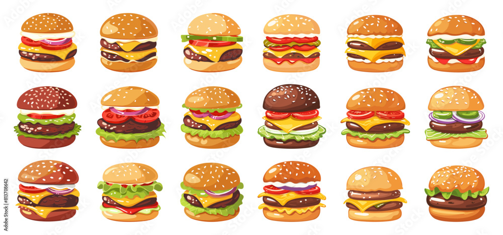 Cartoon Burgers and Cheeseburgers. Vector Set of Various Fast Food. Isolated Illustrations on White Background. Simple Flat Style. Street Food with Cutlet in a Bun. Tasty Cheeseburger Icons Cartoon Burgers and Cheeseburgers. Vector Set of Various Fast Food. Isolated Illustrations on White Background. Simple Flat Style. Street Food with Cutlet in a Bun. Tasty Cheeseburger Icons