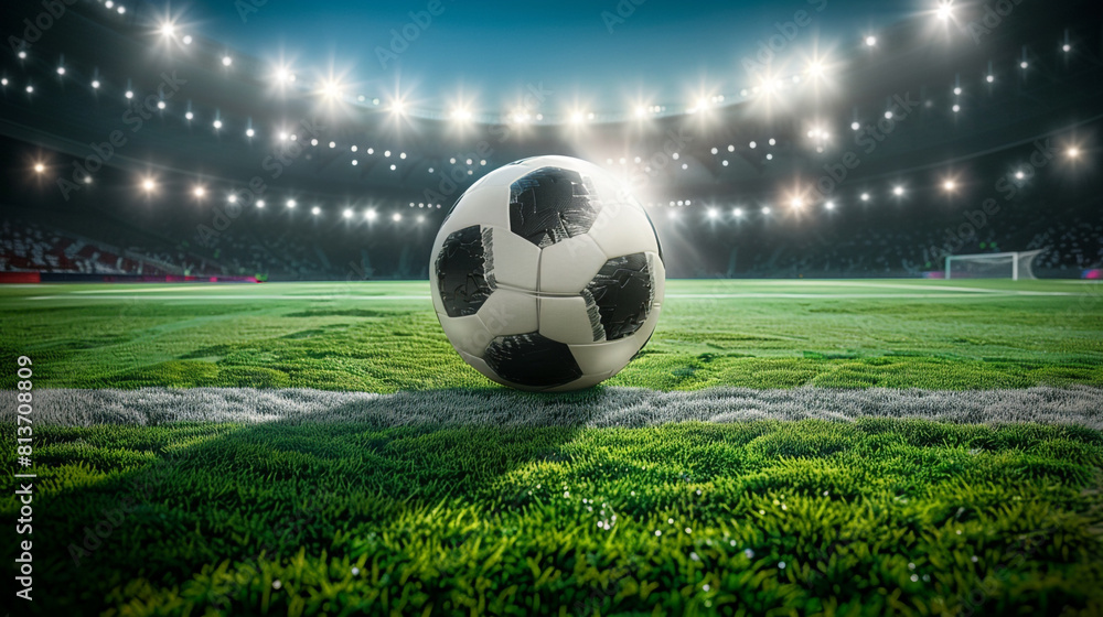 Fototapeta premium Soccer Ball in a Stadium with Lights. A classic black and white soccer ball on green grass in the center of a stadium, illuminated by spotlights