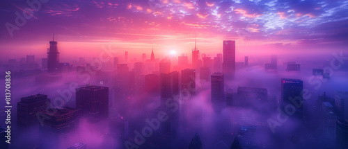A cityscape filled with colorful smog at sunrise, skyscrapers barely visible through the haze. photo