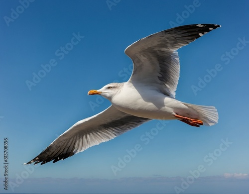A close-up shot of a graceful seagull soaring on the ocean breeze, its wings outstretched against a backdrop of blue sky.