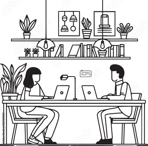 People are working in the office graphic black white interior sketch illustration vector