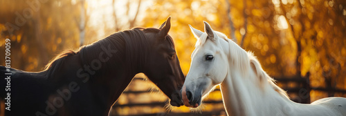 Two horses standing in a natural landscape, gazing at each other. Generative AI photo