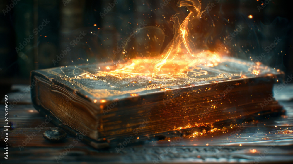Mystical ancient book with glowing aura and floating symbols in dark room Mystical ancient book with glowing aura and floating symbols in dark room