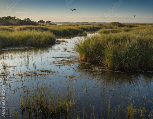 A peaceful coastal marsh teeming with birdlife  with tranquil waters reflecting the surrounding reeds and grasses.